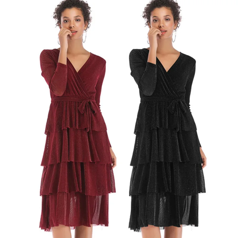

2020 Mid-length Slim Dress Women Long-sleeved Solid Color Pattern V-neck Is Suitable for Summer and Autumn