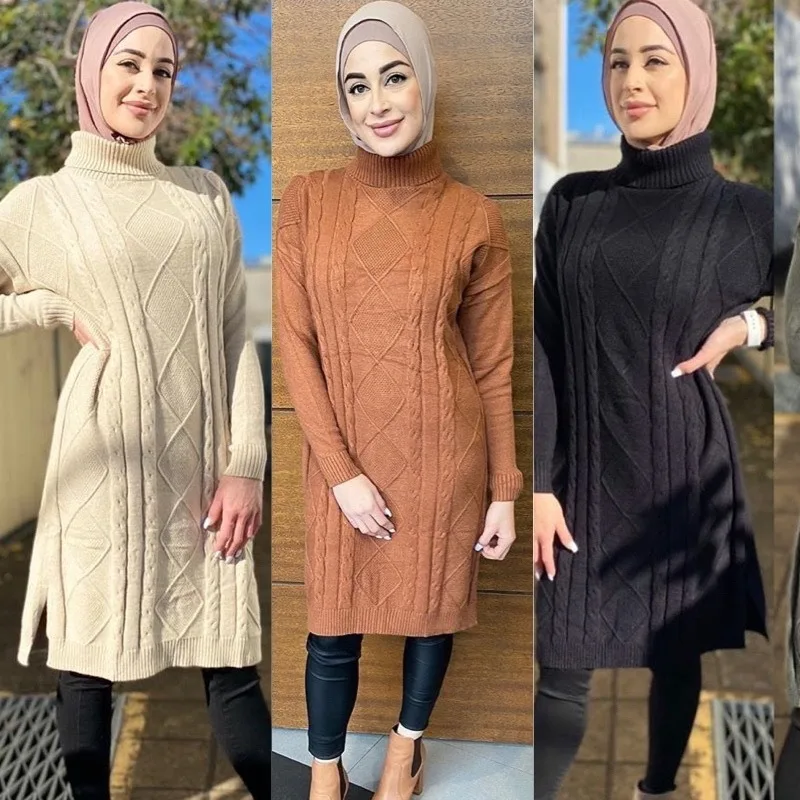 Lugentolo Turtleneck Sweater Dress Women Muslim Fashion Pullovers Long Knitted Spring Fall Casual Dresses | Женская одежда