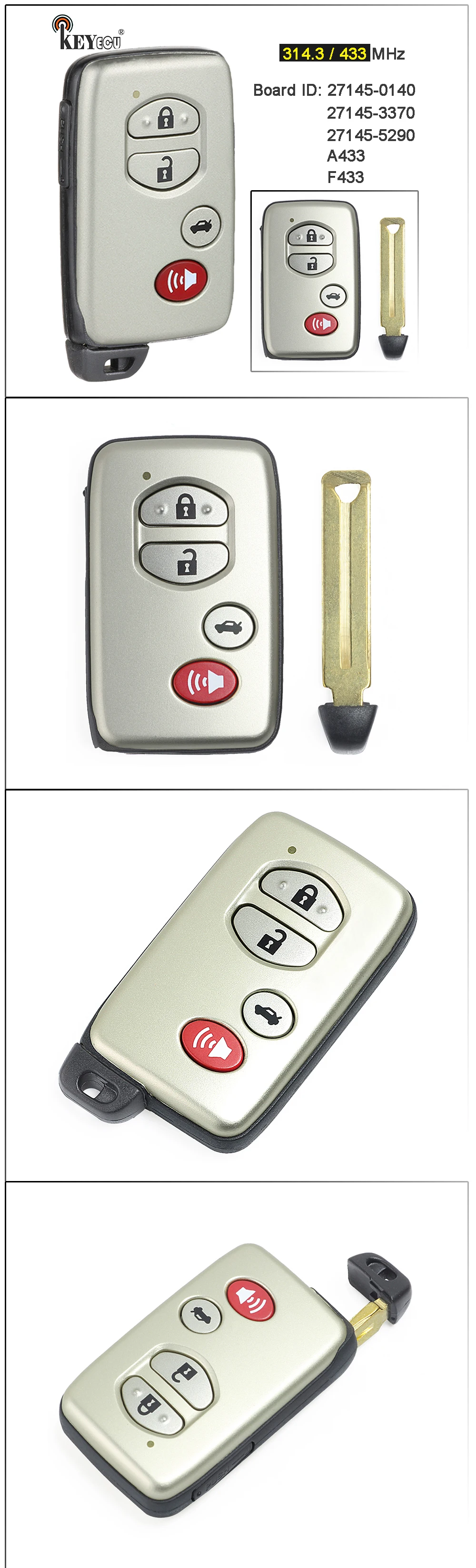 Keyforkess A433 F433 27145-0140 / 27145-3370 / 27145-5290 Smart Card Remote Key Fob per Toyota Avalon Camary Aurion Sequoia Prius - H0cb7ac3898e0403dbe34d2c8858b7398p