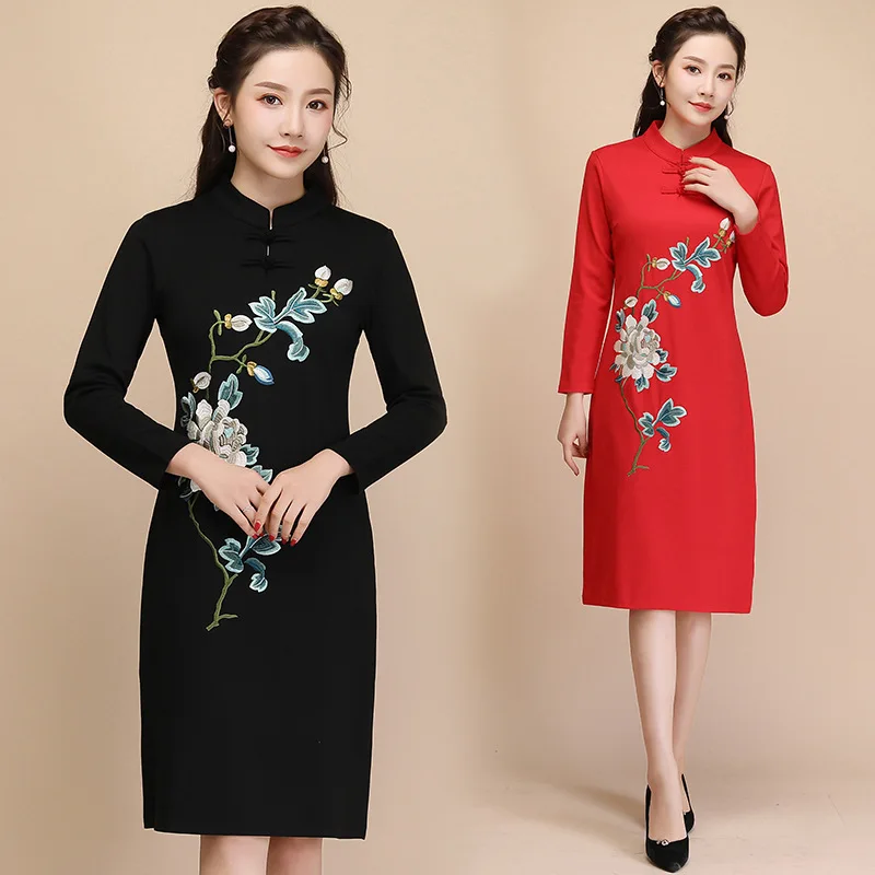 B0652 этнический стиль вышитые Cheongsam женские Ранняя весна стоячий воротник лягушка с длинным рукавом тонкое платье