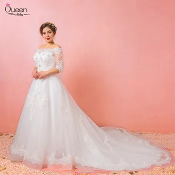 

Plus Size Chapel Train Lace Tulle Wedding Dress White Off-shoulder Half Llusion Floor-length Special Hem Dress with Beading