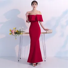 Вечернее платье, женские вечерние платья с коротким рукавом и оборками, бургундское элегантное платье русалки, длинное вечернее платье с круглым вырезом F303