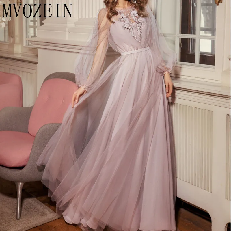Robe De Soiree длинное вечернее платье 2019 круглый вырез полный рукав с кружевной