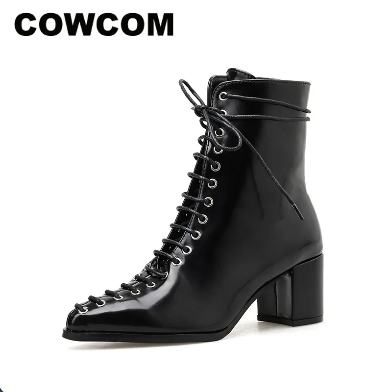 COWCOM/женские модельные сапоги из искусственной кожи на шнуровке с острым носком; Ботинки martin; короткие сапоги; свитеры для женщин на Высоком толстом каблуке; CWF-jsf1166-7