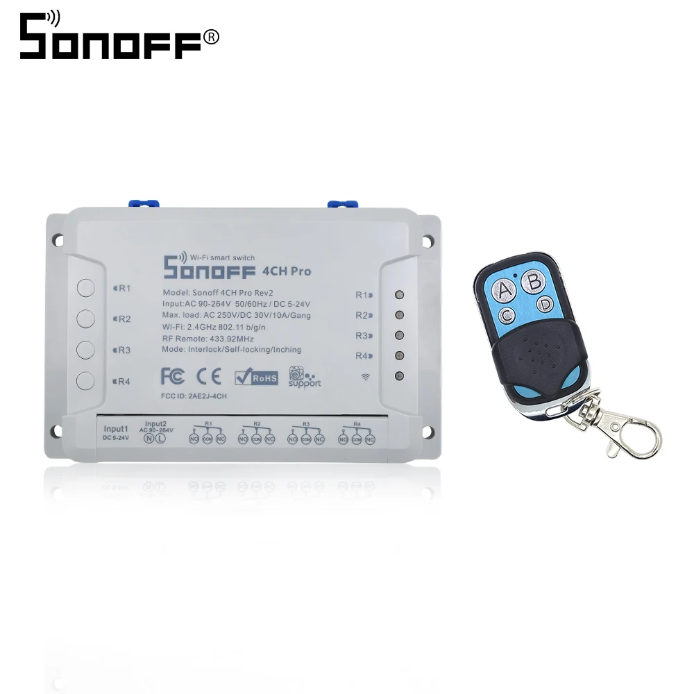 SONOFF 4ch pro r2 4 канала/банда 10A wifi RF 433 МГц пульт дистанционного управления самоблокирующийся блокировочный интерлок инчинг реле умный переключатель Google Home - Bundle: 4ch pro r2 remote