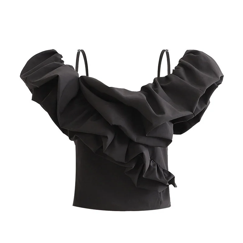 Модный женский топ с оборками, лето, черный тонкий эластичный женский топ, женская одежда, майки, вечерние, праздничные, INKEO 9T054 - Цвет: Черный