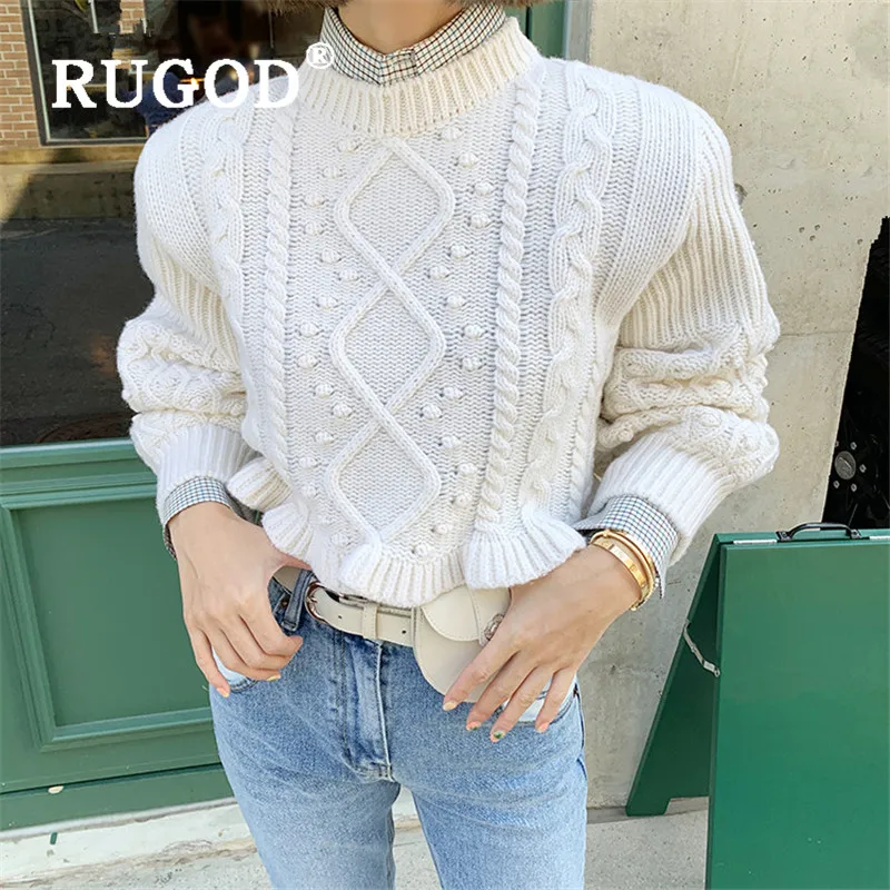 RUGOD, короткие свитера с рукавами-фонариками, пуловер, свободный джемпер, зимние топы для женщин, трикотаж, корейский стиль, женские свитера