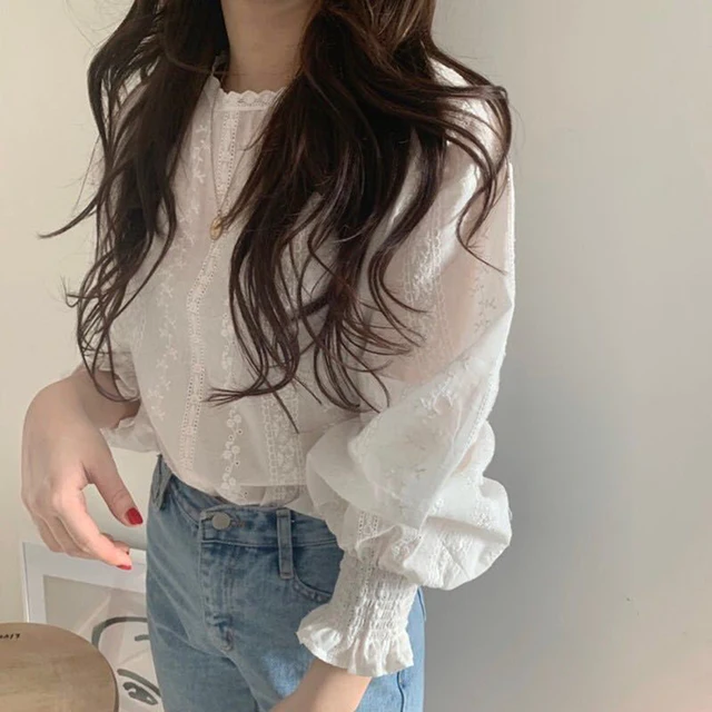 Embroidery Lace Shirt Plus Size Spring Women Long Sleeve Linen Cotton Girls Blouse Femme Casual White Tops Women Blouses 3
