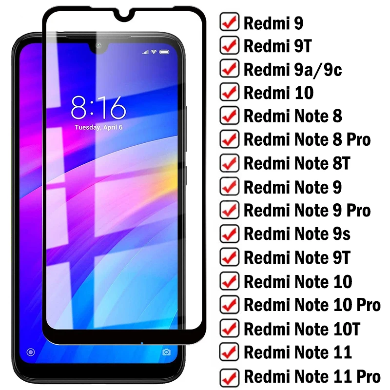 Закаленное стекло с полным покрытием для Xiaomi Redmi Note 11 10 8 9 Pro 10S 9S 9T 10T 8T Защита