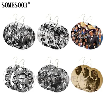 

SOMESOOR AKA Black History Leaders Painted African Wood Drop Earrings Obama Mandela Michelle Design Pendant Ear Dangle Jewelry