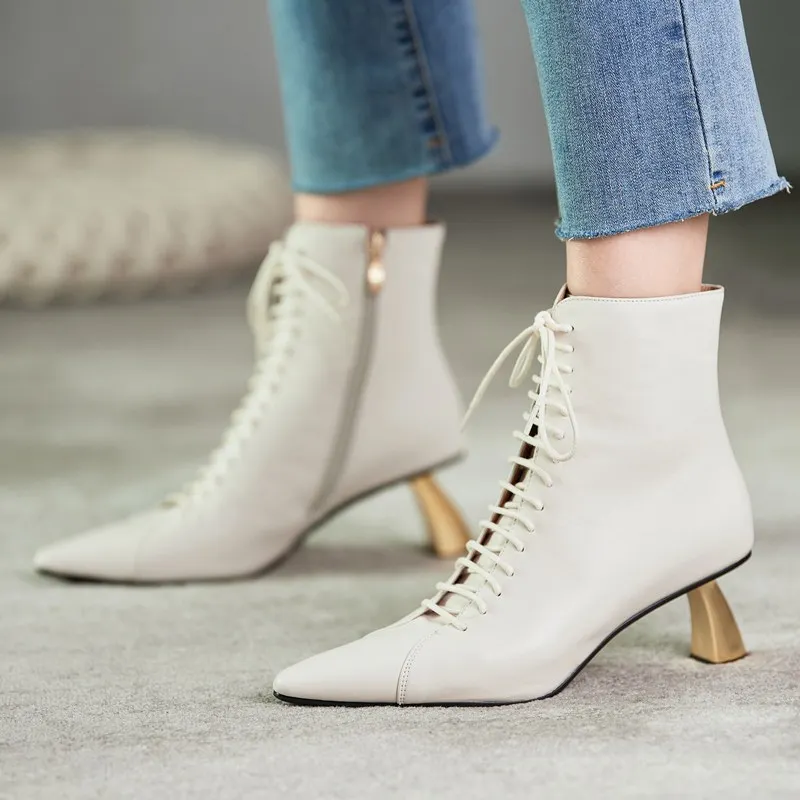 AUMER INS HOT Size 34-43 New women's genuine leather boots lace up high heels autumn winter sexy ankle boots female short botas