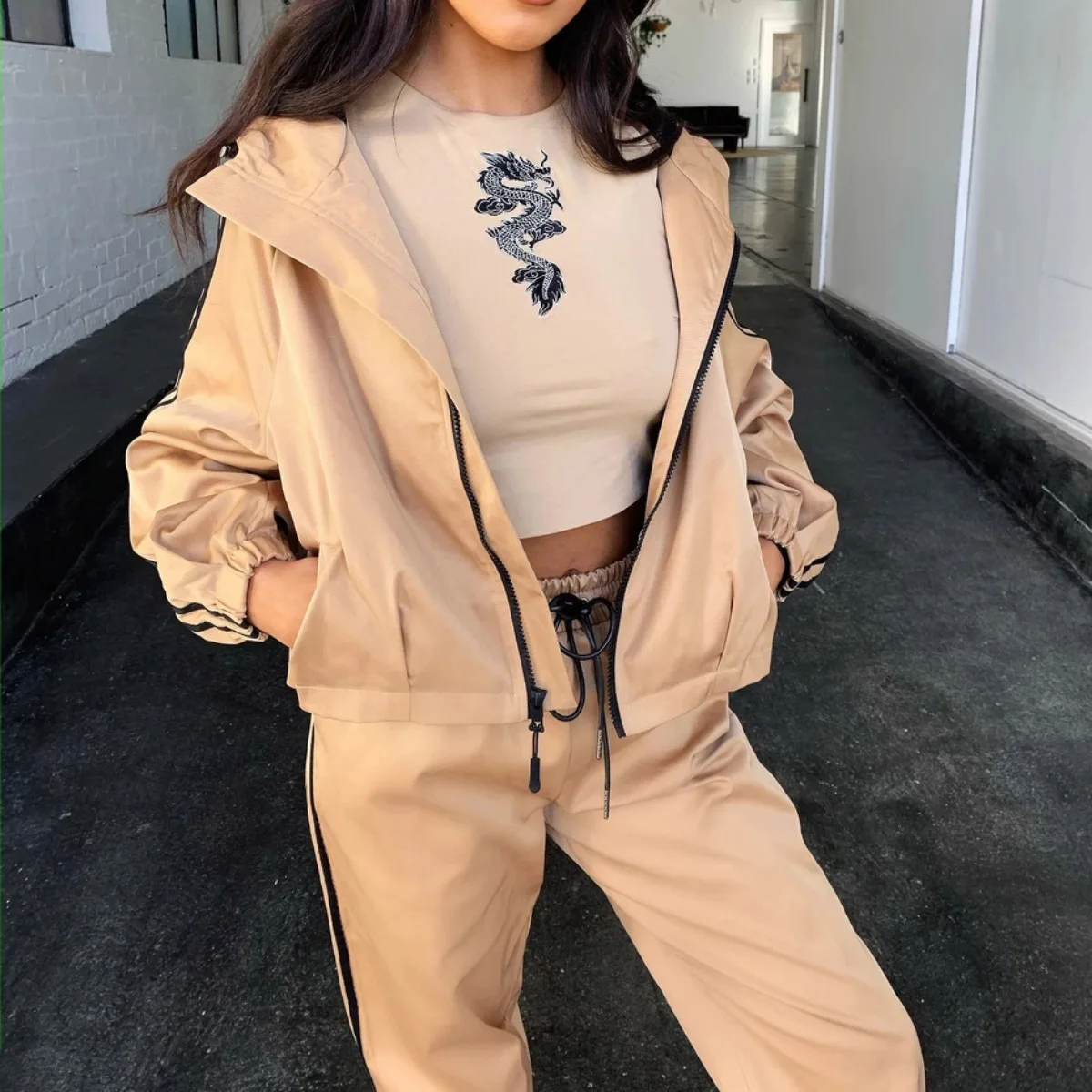 

2020 Fall 2 Piece Sets Womens Outfits Fashion Sports Solid Jacket Hooded Crop Top +Casual Ankle Banded Pants Two-Piece Set Women