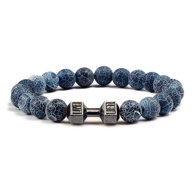 Bracciale in pietra vulcanica naturale da uomo nero opaco Lave perline bianche braccialetti con fili con manubri gioielli da fness con bilanciere da donna  36