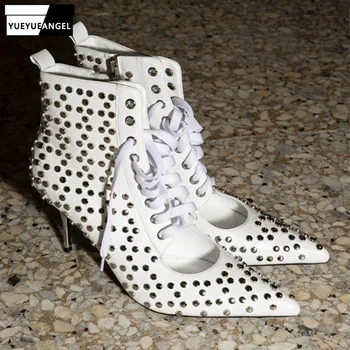 

Rivet Hollow Spring Summer New Womens Pointed Toe Lace Up Zip Boots Genuine Leather Sexy Thin High Heels Ankle Boots Feminino