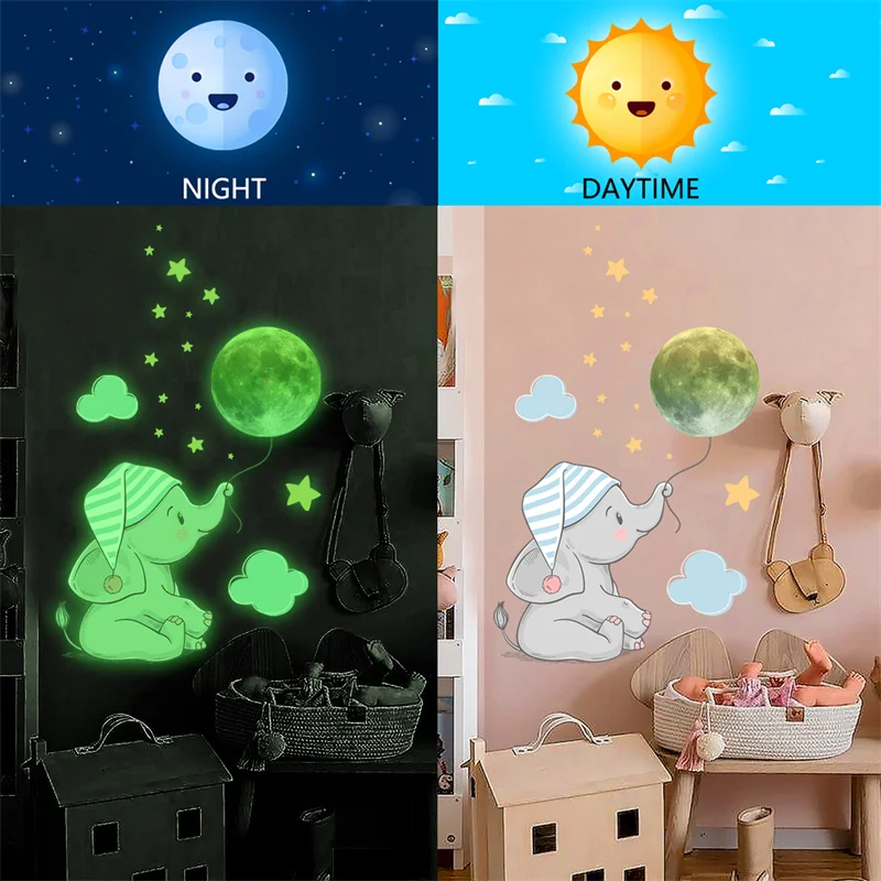 Baby Elephant Moon Luminous Wall Sticker For Children's Kids Bedroom Decorative Glow In The Dark Cartoon Panda Decals Home Decor