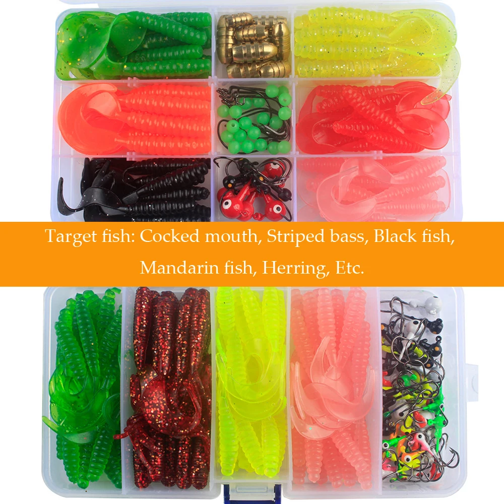 

Luya soft bait lead head hook Texas fishing gear set fresh sea water fake bait roll t tail maggot soft insect fishing lure set