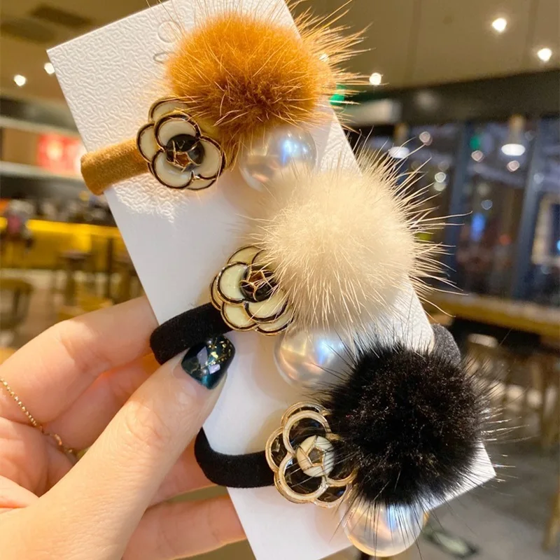 

Cute Fluff Camellia Fluff Hair Accessories Elastic Hair Band For Girls Big Pearl Rose Flower Kids Hair Ropes Student Hairbands