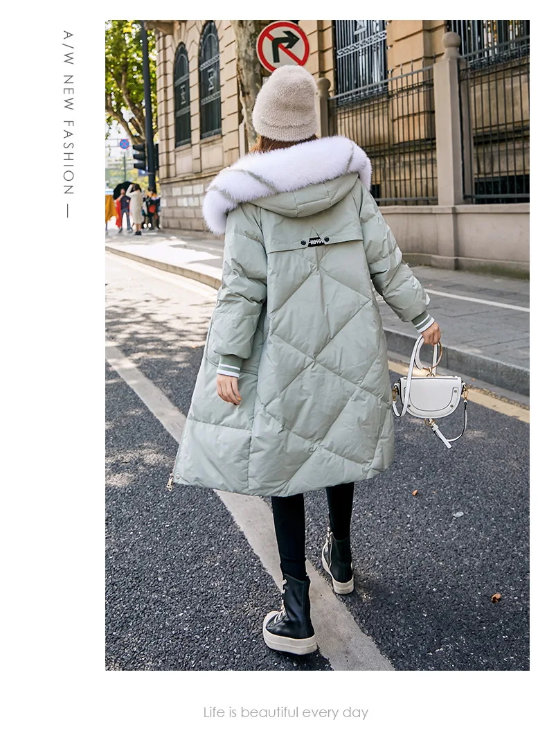 Down Jacket Women's New Style Korean-style Slim Fit Slimming Mid-length over-the-Knee Hooded Thick Large Fur Collar down Fe