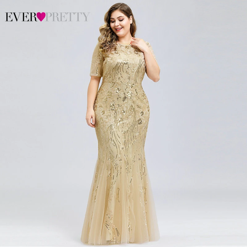 EZ07705GD Вечерние платья с аппликациями Ever Pretty, длинное кружевное платье-русалка большого размера с пайетками, платья разных цветов для вечеринок в стиле Саудовской Аравии, лето-осень - Цвет: EZ07705GD