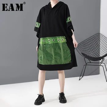 

[EAM] Women Big PVC Pocket Split Big Size Dress New Hooded Three-quarter Sleeve Loose Fit Fashion Tide Spring Summer 2020 1T793
