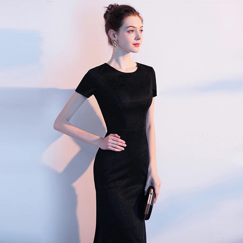 Элегантное Черное вечернее платье полной длины, женское платье Qipao с круглым вырезом и коротким рукавом, официальное вечернее платье, сексуальное платье с открытой спиной