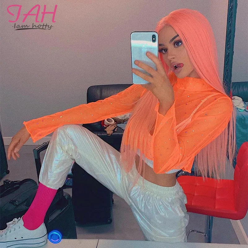 

Iamhotty Transparent Sexy Mesh Tops Sequined Reflective Long Sleeve T Shirt Women Turtleneck See Through Club Solid Tee Shirts