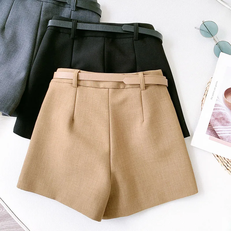 Wasteheart Autumn Black Gray Khaki Polyester Shorts Women High Waist Shorts Camel Short Bottom Zipper Sashes England Style OL