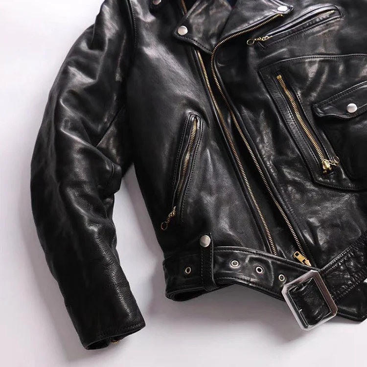 Free shipping.Super heavy tanned horsehide jacket,men vintage classic biker genuine leather coat,luxury quality leather cloth men's genuine leather trench coats