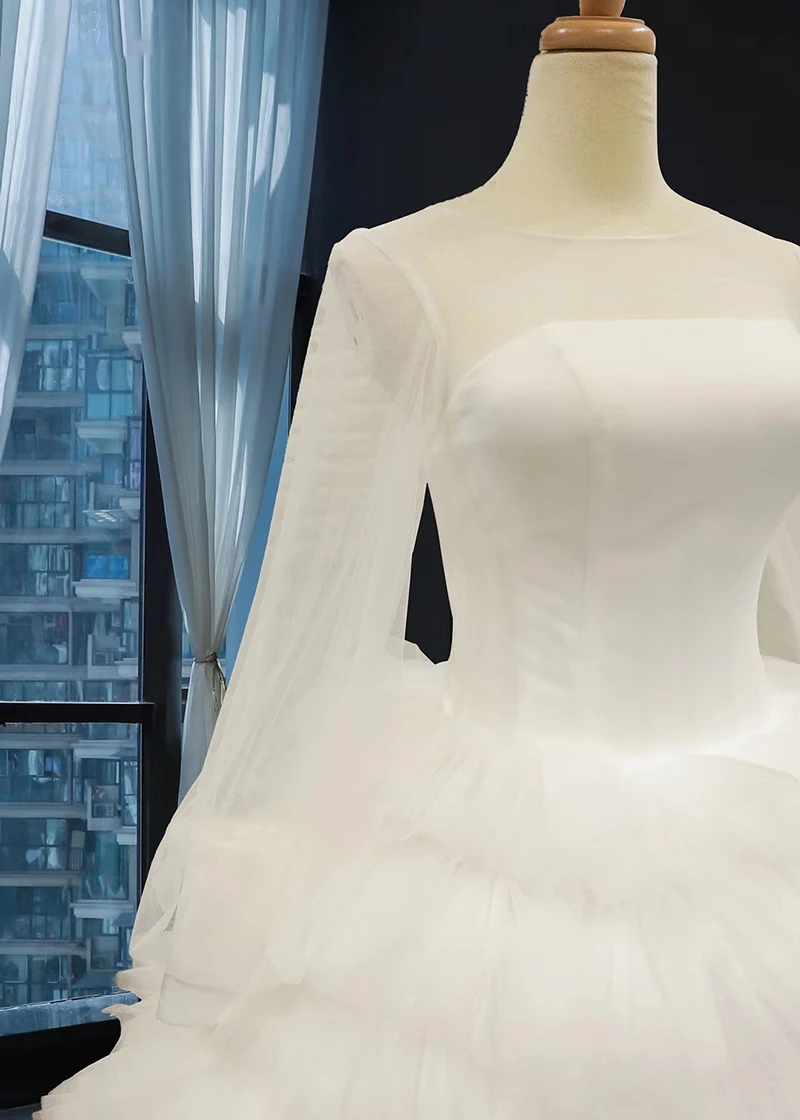 J66867 jancember luxury chiffon wedding dress boho o neck long sleeve floor length tiered white wedding gown платье свадебное 5