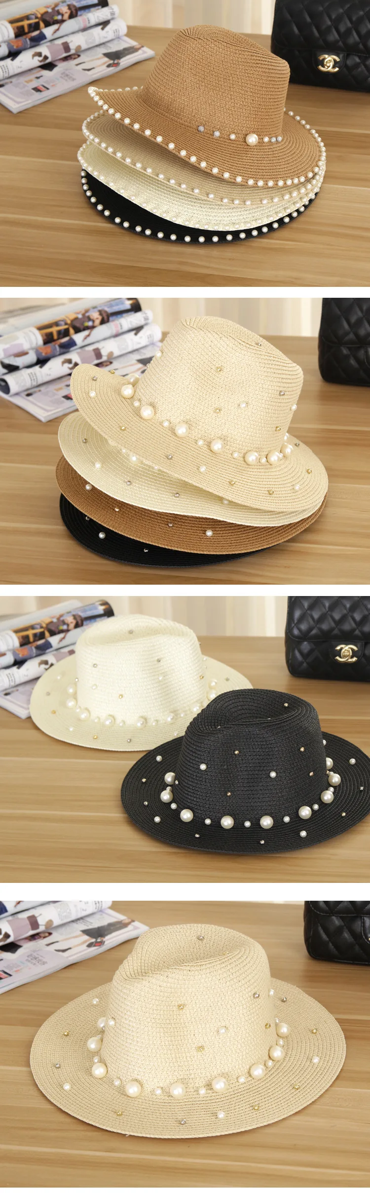 YOYOCORN Sun Visor Beach Hat Flower Pearl rivet Straw Hat Summer Hats For Women Flower Beads Wide Brimmed Jazz Panama Hat