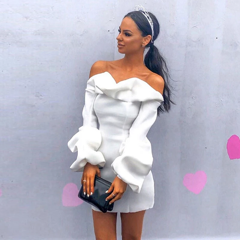 

New Women's Lantern Sleeve Slim Off-Shoulder Slim Temperament Dress Pure White Banquet Dresses