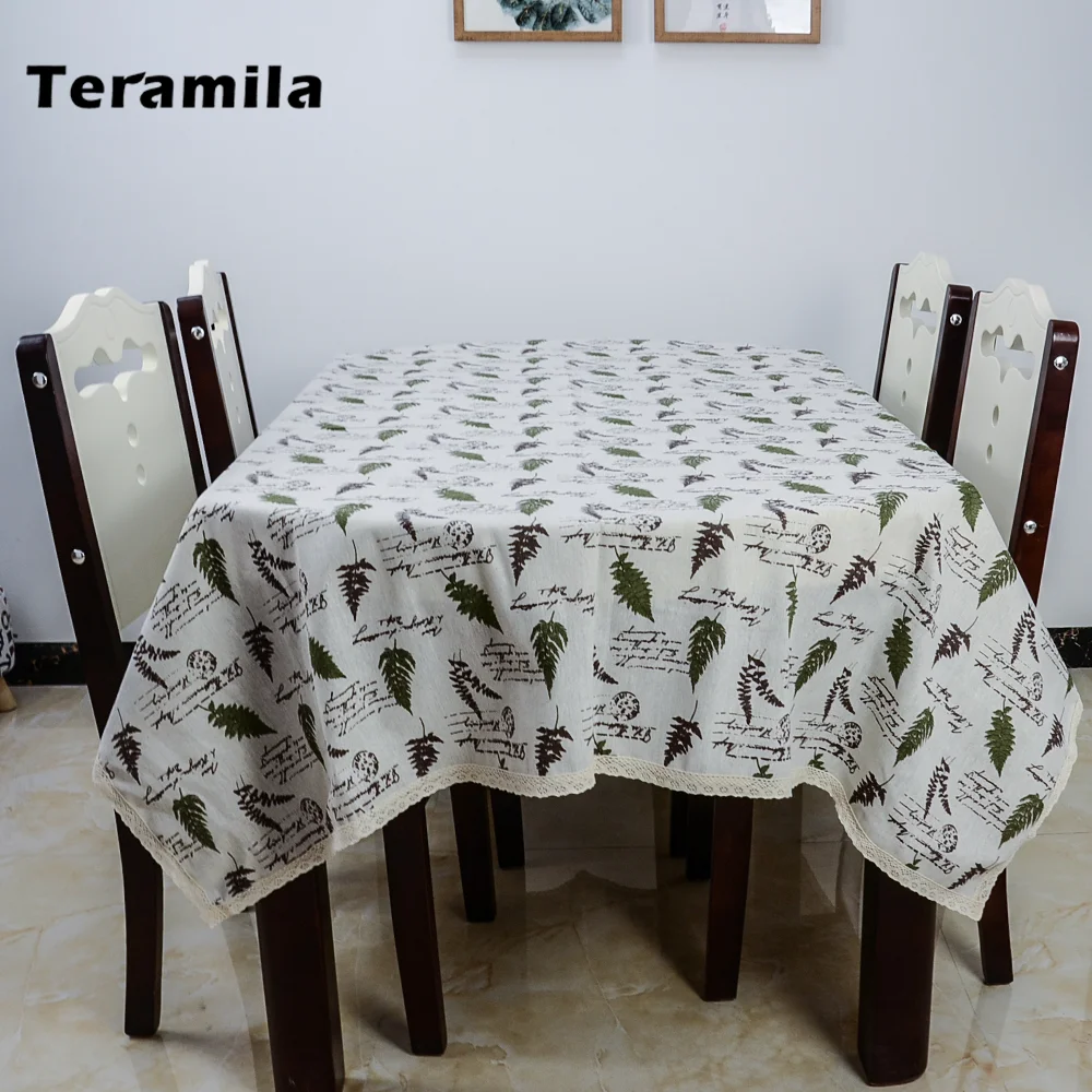 Teramila Thick Tablelcoth Linen With Lace Leaves Design Table Cloth For Home Party Kitchen Rectangular Square Dining Table Cover