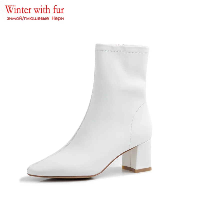 whitewith fur ASUMER/Размер 33-40, г. Новые женские ботинки из коровьей кожи осенне-зимние ботинки на высоком квадратном каблуке Модные женские ботильоны - Цвет: whitewith fur