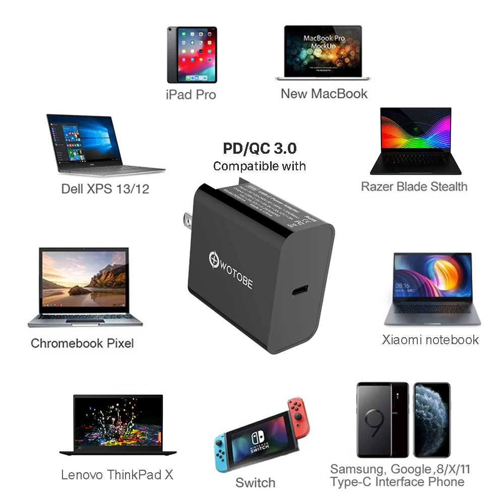 18 Вт 30 Вт 45 Вт 60 Вт 65 Вт USB-C адаптер питания 3а кабель, PD/QC3.0 зарядное устройство для xiaomi huawei MacBook iPhone/iPad Pro s9/10(и C-C кабель