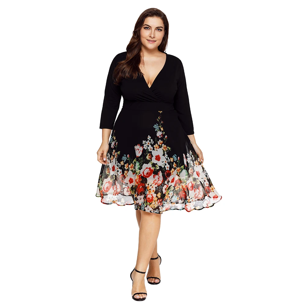 Размера плюс Цветочный принт Для женщин Мини платье Винтаж в богемном стиле с длинным рукавом модные женские вечерние V образным вырезом осеннее платье Vestidos - Цвет: Черный