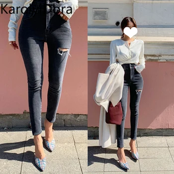 

high waisted jeans skinny 2020 Korean spring new 3 color fashion milled white hole cut edge small jeans