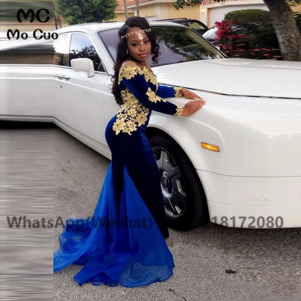 Saudi Arabic Long Sleeves Evening Gowns 2018 Navy Blue Gold Appliques Mermaid Prom Dress Off The Shoulder African Special Occasion Dress (2)