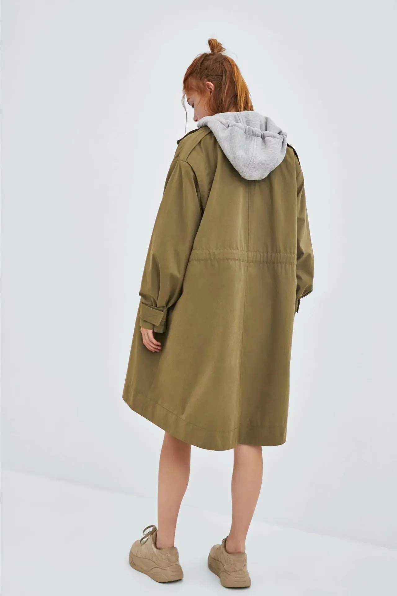 

Autumn New Style Europe And America WOMEN'S Dress-Style Hooded Loose-Fit Lace-up Mid-length Trench Coat W2310