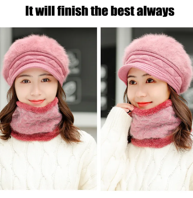 windproof lady hat winter plush velvet thick scarf cap mother warm beanies outdoor faux rabbit fur hat and collar scarf two set
