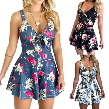 

Fashion Women Sexy Playsuit Sleeveless Bow Floral Print Waist Tight Casual Jumpsuit Romper