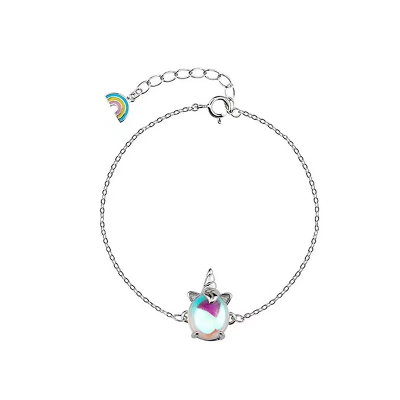 Настоящее 925 пробы, серебряный геометрический разноцветный Радужный Браслет для модных женщин, вечерние Единорог из горного хрусталя, милые ювелирные изделия
