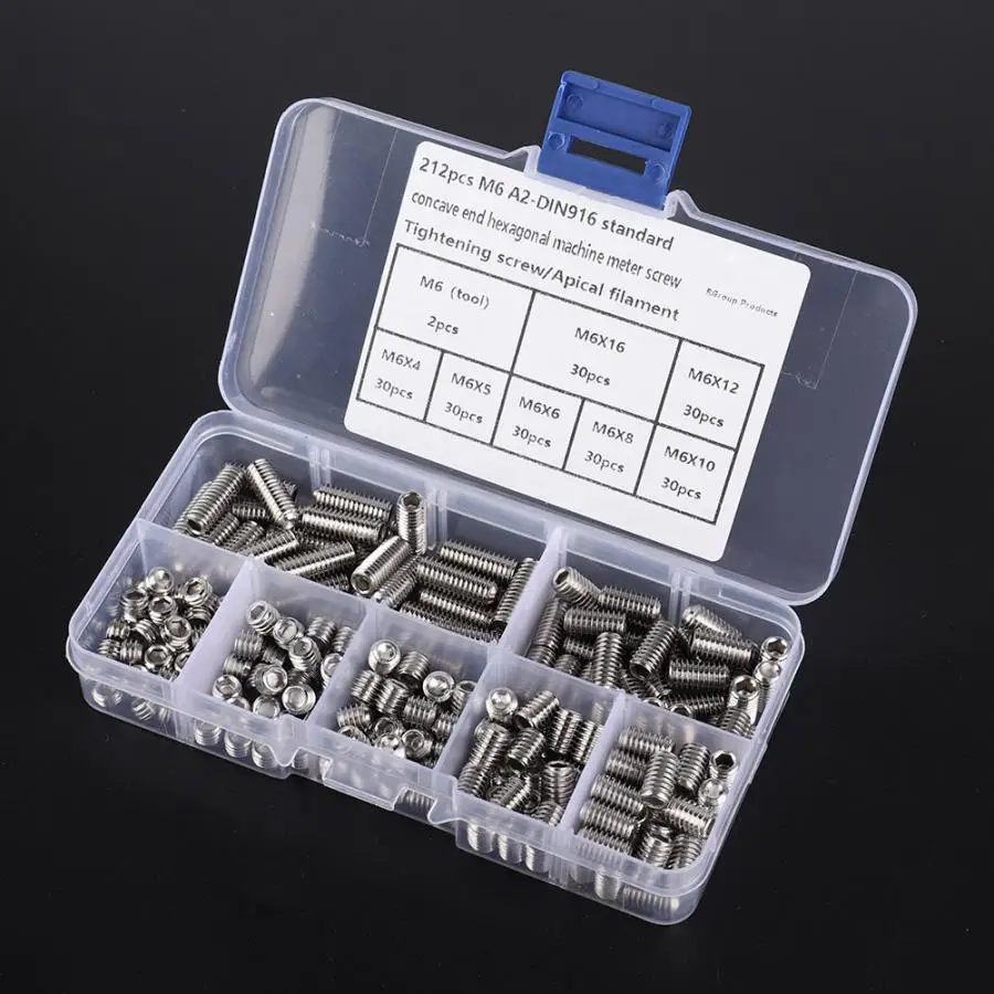 212 Pcs Set Screw M6 A2-DIN916 304 Stainless Steel Hex Socket Concave End Tighten Screw Set Grub Screw