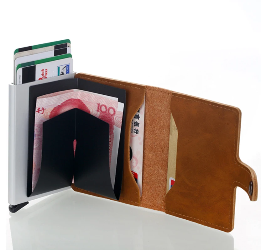 Мужской держатель для кредитных карт RFID замок автоматический PU кожаный Бизнес ID держатель карты Алюминиевый металлический мужской кошелек-Сумочка для карт