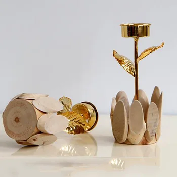 

Metal Candle Holder Gold Rose Wooden Seat Candle Stand Holder Candlestick Desk Office Wedding Home Decoration