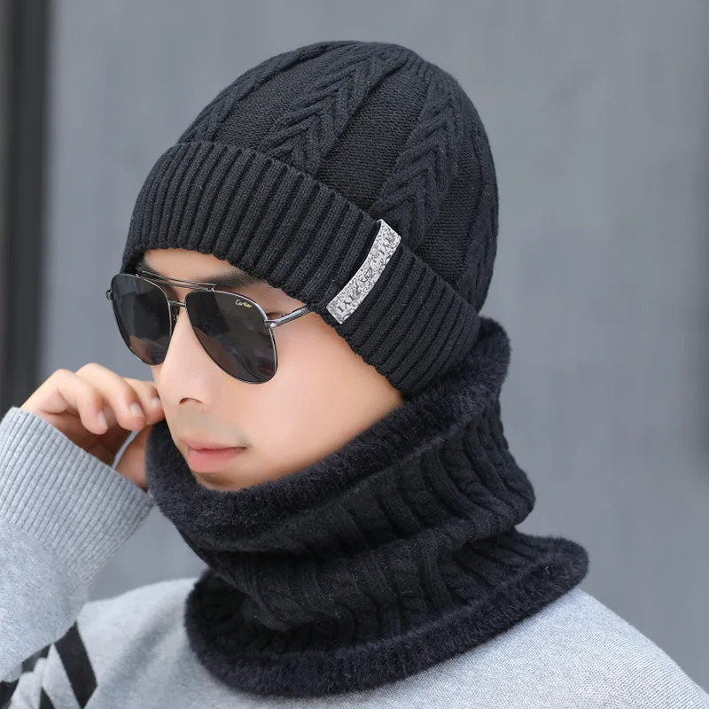 Зима шерсть Мужские вязанные шарф и шапка бини Шапки Маска Gorras Bonnet Теплые Мешковатые Зимние головные уборы для мужчин и женщин Skullies шапки - Цвет: Hat scarf black