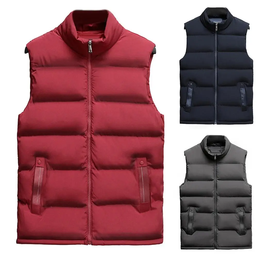 Casual Men Winter Stand Collar Pocket Zipper Vest Plus Size Thick Warm