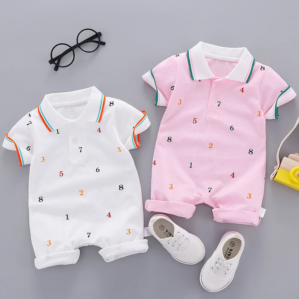 

Baby Onesie Summer Short-sleeved Casual Crawling Clothes with Numbers Stand Collar Cotton Baby One Piece Fashion-Kids' Rompers