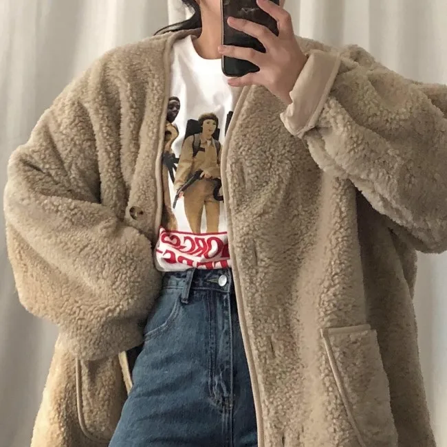 Autumn Women Jacket Long Sleeve Single Breasted Pocket Warm Loose Streetwear Winter Chaqueta Mujer Casual Kurtka Damska