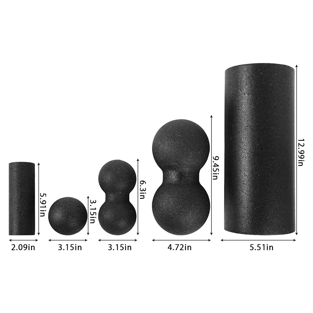 5pc Pilates Foam Roller Black Yoga Massage Foam Roller Fitness Ball Set Massage Muscle Release Exercises Equipment for Women/Men