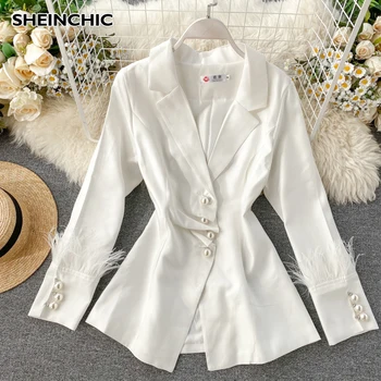 

Office Lady 2020 Women White Blazer Elegant Long Sleeve Feather Single Breasted Suit Collar Outerwear Blazer For Female New